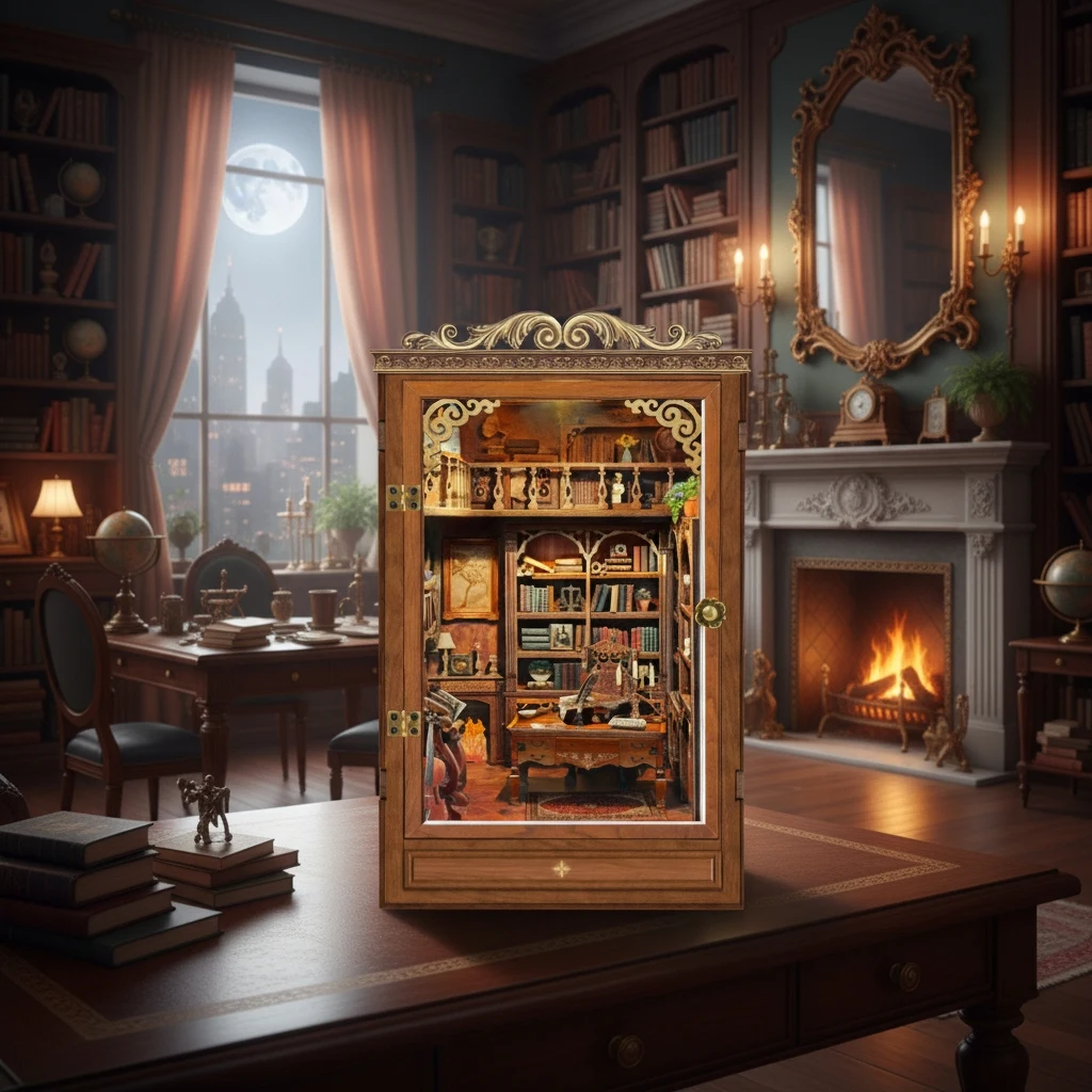 OUZEY 레트로 스터디 북 누크 DIY 키트 - 피규어가 포함된 3D 목재 미니어처 모델, 수집가용 북엔드 및 선물