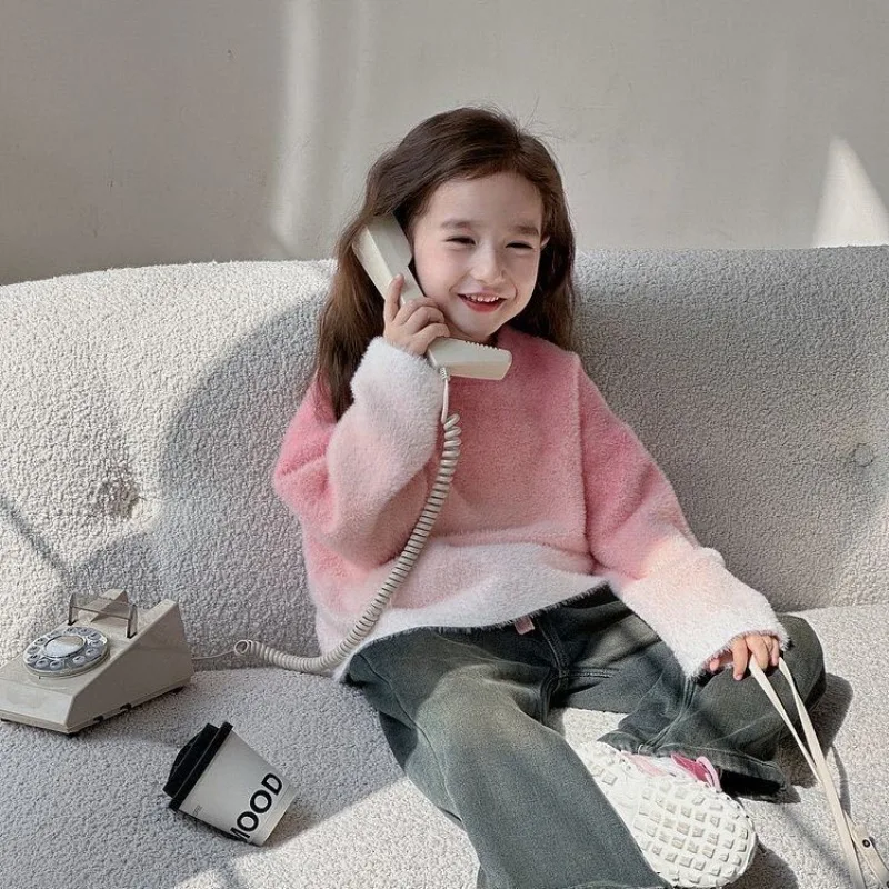 2025 Winter Plus Size Stylish Girl's Kids Peach Pink Gradient Oversized Faux Mink Fur Soft Knit Trendy Sweater