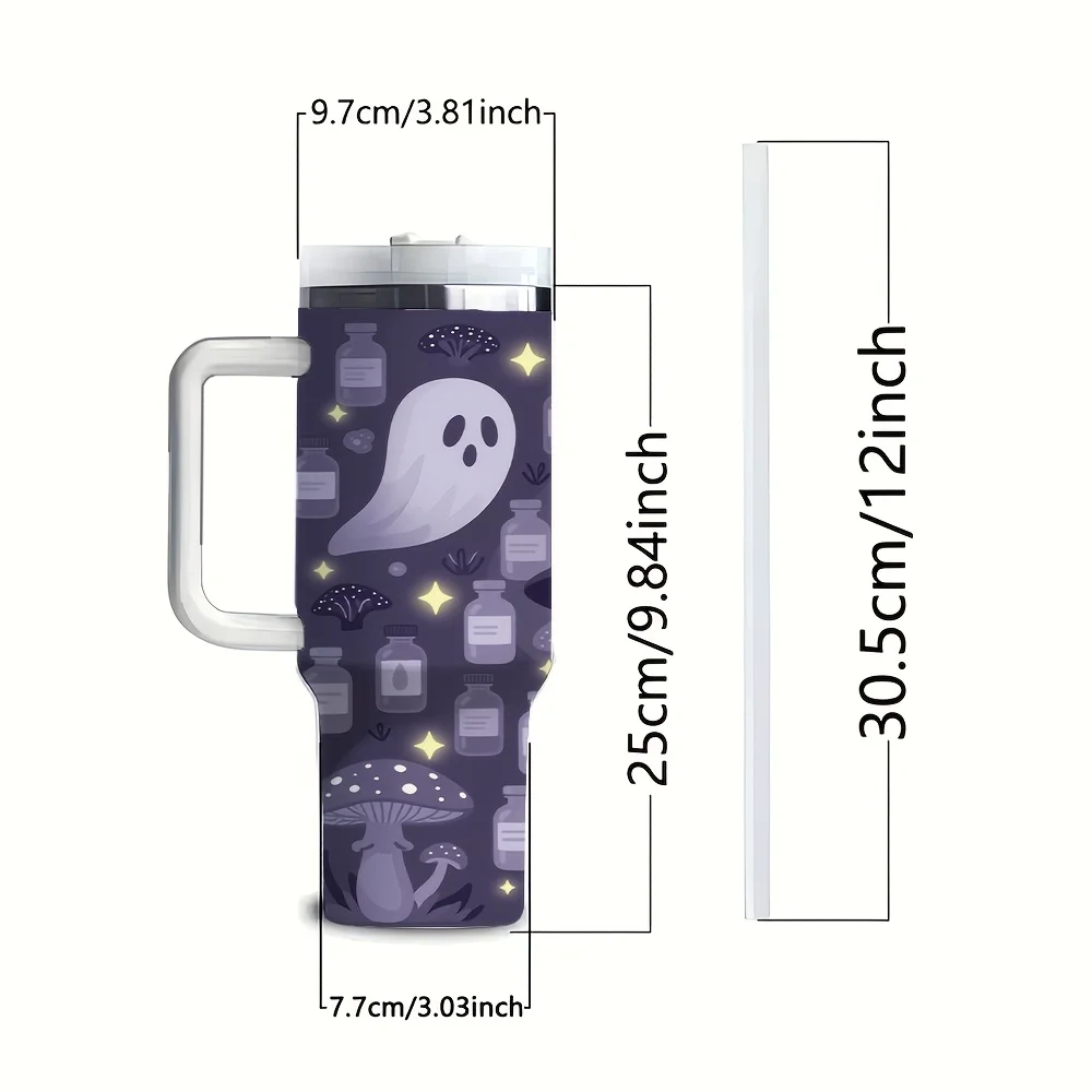 1ps Halloween and Christmas 40oz Cute Spooky Witch Potion Mushroom Print Insulated Tumbler with Handle and Straw Lid, Stainless Steel Water Bottle for Travel Home Office Car Daily Use, Portable Drinking Cup for Holiday Party Gifts