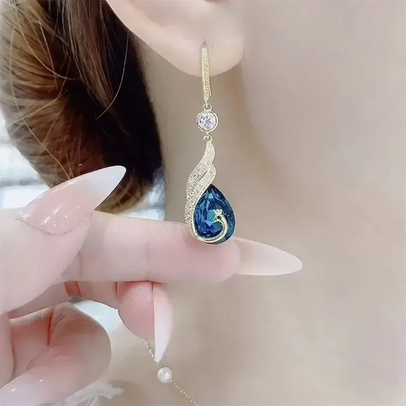 Conjuntos de jóias de luxo elegante azul pavão cristal longo borla brincos para mulher personalidade vintage balançar brincos colar