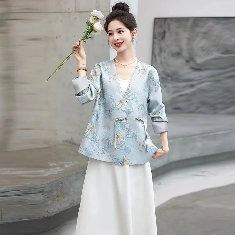 Y2K Spring Summer Short Casual Jacket 2024 New Chinoiserie V-Neck Women's Clothes Outerwear Fashion Coil Buckle Coat Female