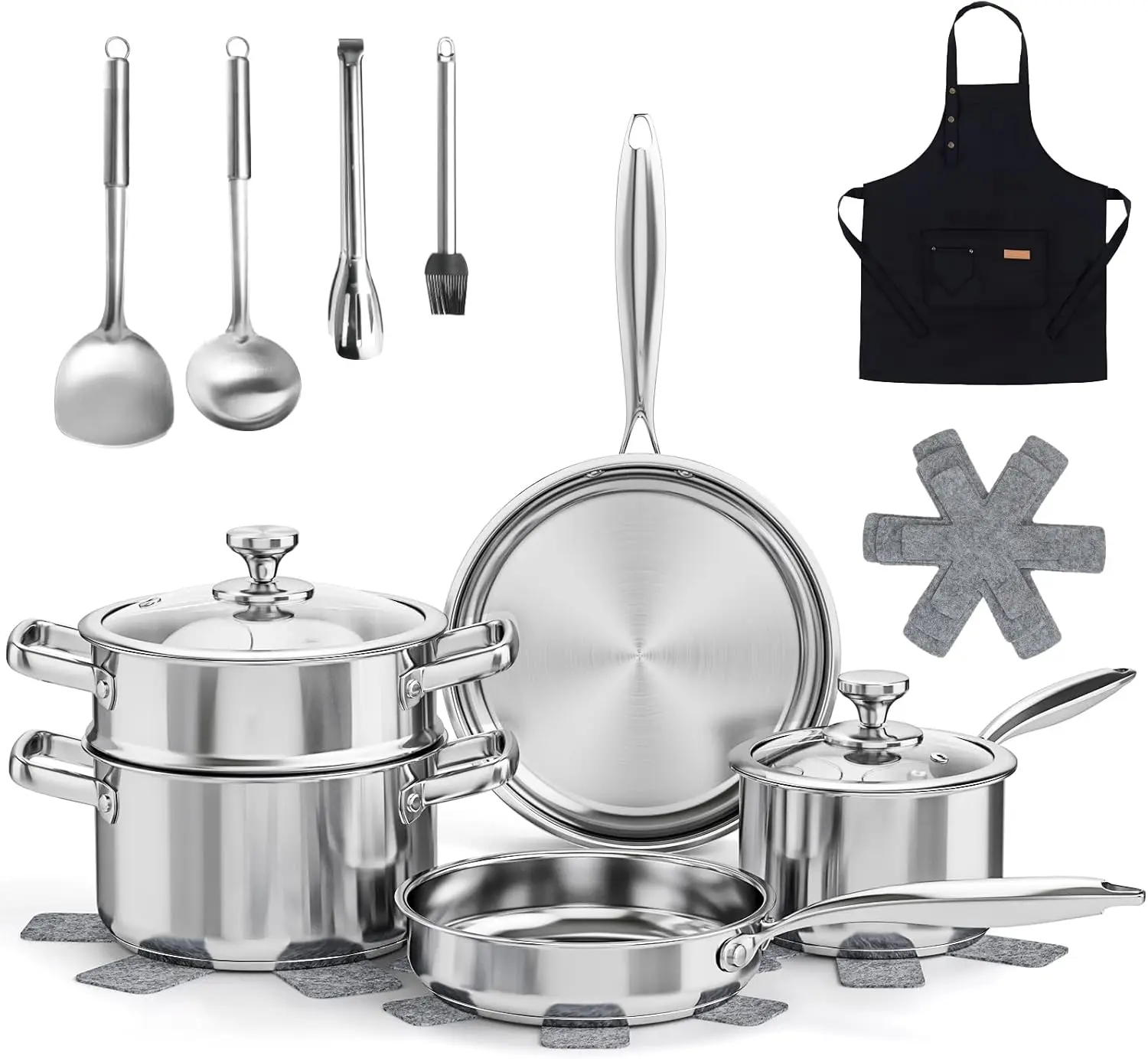 

Stainless Steel Pots and Pans Set Non Toxic, 16PC Cookware with Steamer, Induction Compatible, Oven & Dishwasher Safe