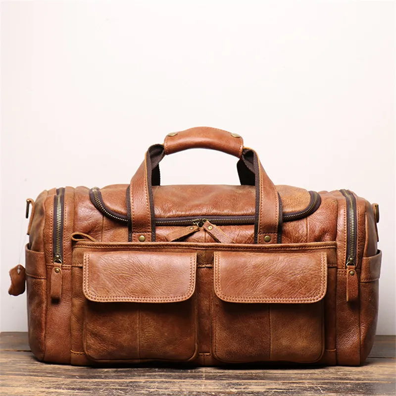 Nesitu High Quality Vintage Brown Black Big Thick Top Grain Genuine Leather Business Men Travel Bag Cowhide Gym Duffle M0571