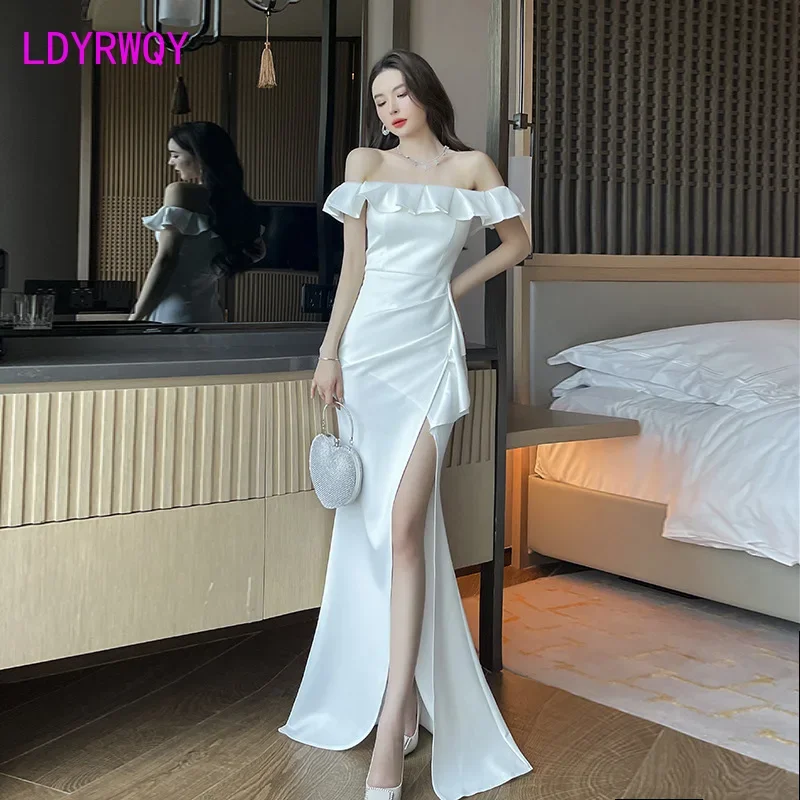 Night scene sexy one shoulder dress, high-end long dress, women's ruffle edge temperament, socialite high slit evening dress