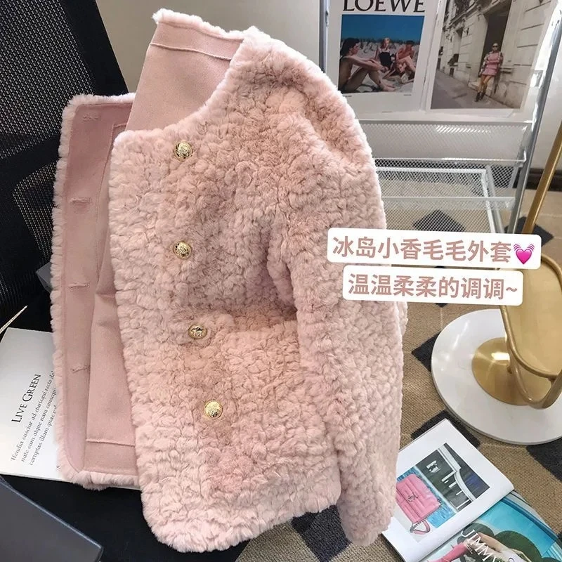 2024 Spring Autumn Female Pink Lamb Hair Jacket Small Fragrant Wind Imitation Fur Coat O-Neck High End Fashionable Outerwear