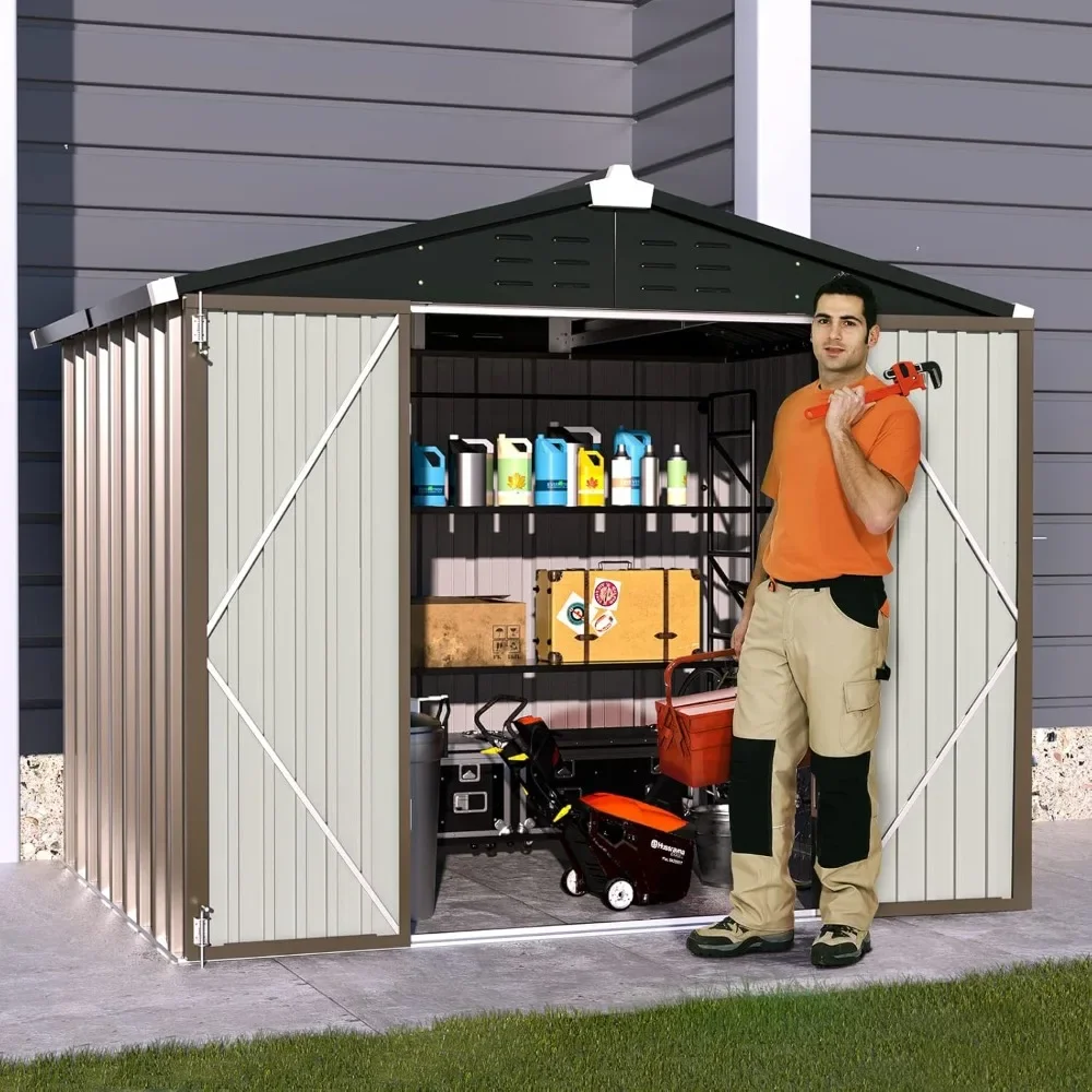 Metal Outdoor Storage Shed 8FT x 6FT, Outside Lockable Metal Garden Shed Steel Anti-Corrosion Outdoor Storage House