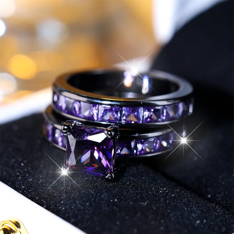 Princess Cut Lab Amethyst Ring Set 10KT Black Gold Engagement Wedding Band Rings for Women Men Promise Party Jewelry
