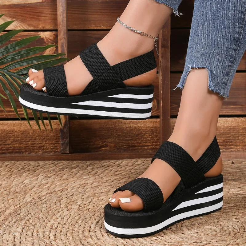 Women Elastic Webbing Strap Back Strap Wedge Sandals 6CM Contrast Striped Platform Open Toe Elevator Summer Sandals