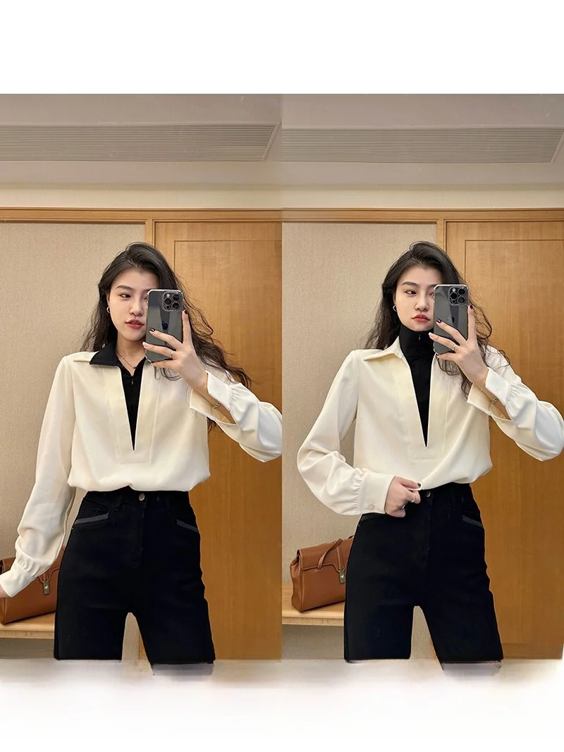 

Faionable Fake Two-Piece Patchwork irt Spring New Arrival Ele Personali Match Polyester Fiber Long Sve Women's S...