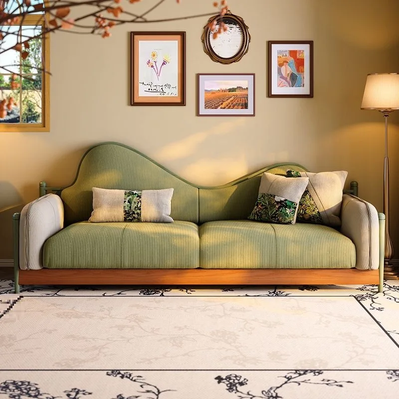 

Fabric sofa French retro small apartment living room green corduroy medium antique three-person sofa