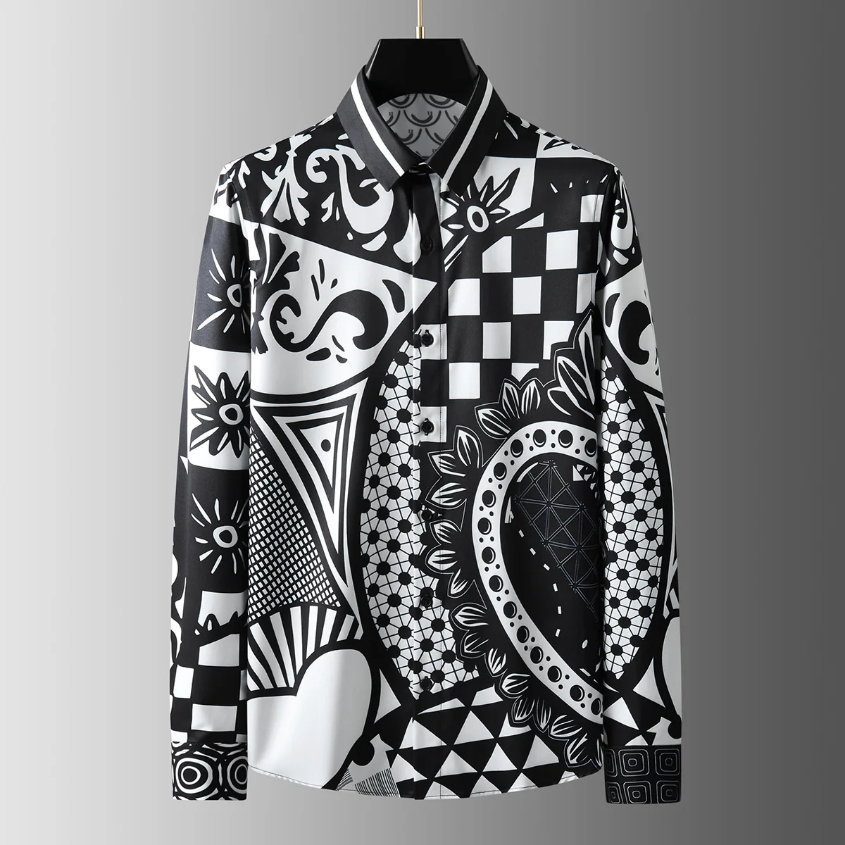 2023 Spring Summer Men\'s Geometric Printed Shirt Long Sleeve Slim Casual Shirts Silky Social Party Tuxedo Business Men Clothing