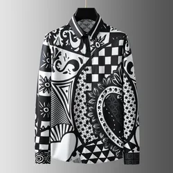 2023 Spring Summer Men's Geometric Printed Shirt Long Sleeve Slim Casual Shirts Silky Social Party Tuxedo Business Men Clothing