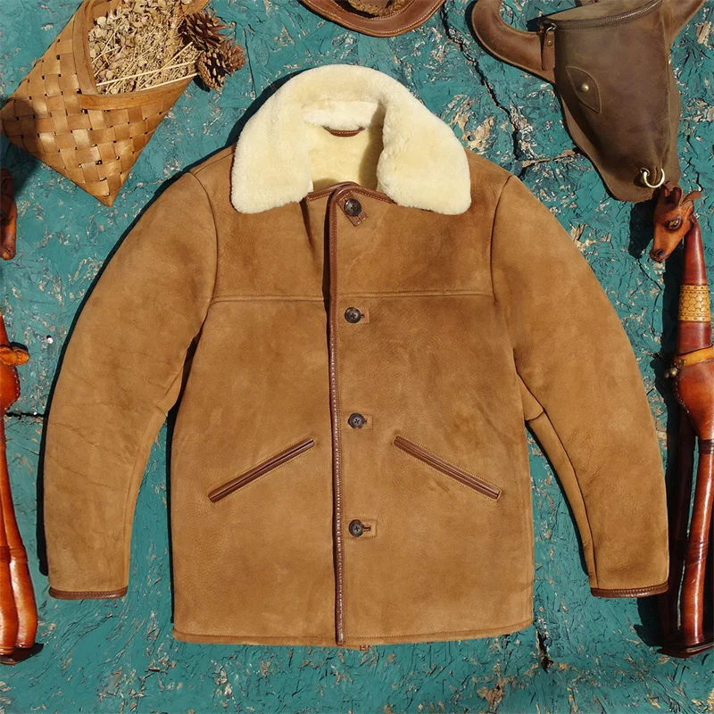 Light Brown Winter Shearling Jacket Men Korea Style Plus Size 4XL Genuine Natural Sheepskin Thick Warm Single Breasted Coat