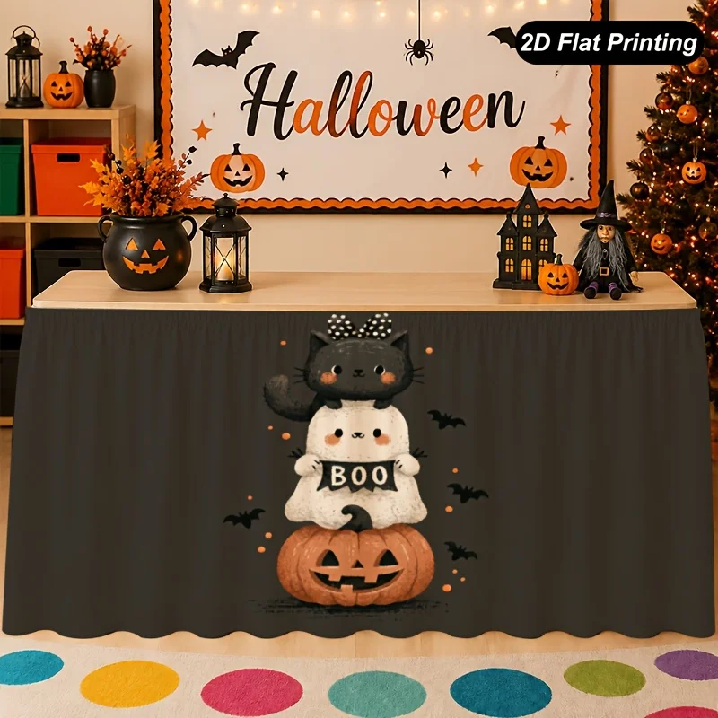 1 piece 2D flat Halloween tablecloth ghost pumpkin stacked table skirt, perfect for home kitchen decoration family pie
