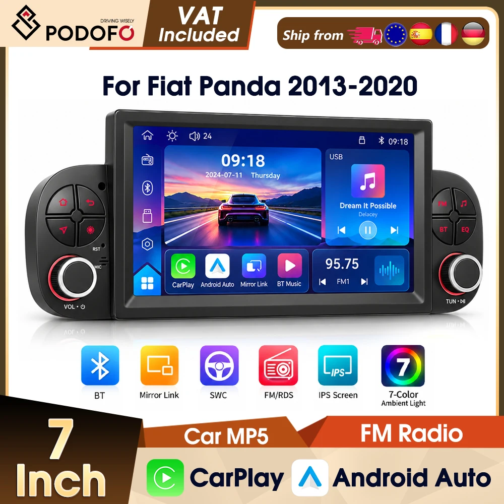 Podofo, autoradio con schermo touchscreen HD IPS, compatibile con Android Auto, Vi-Link, Mirror Link, Bluetooth, FM, equalizzatore, lettore MP5 per auto con CarPlay wireless, per Fiat Panda 2013-2020.