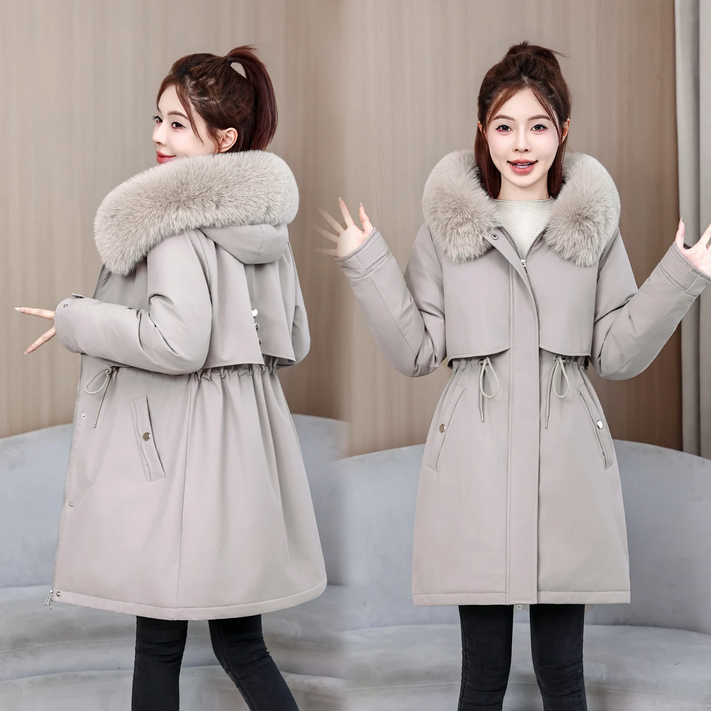New Women's Winter Mid Length Parka Fleece Lined Hooded Imitation Fur Trim Adjustable Waist Slim Fit Casual Quilted Outer Garmen