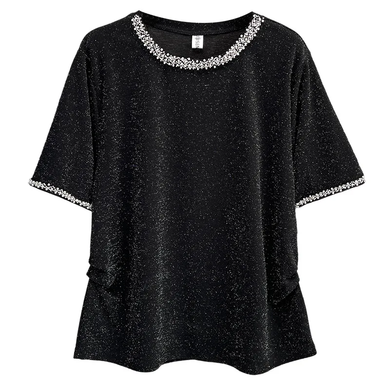 

Летняя новая мода для больших размеров, женская одежда, 110 кг, вырез из бисера, яркая серебряная футболка с короткими рукавами и складной талией 1660