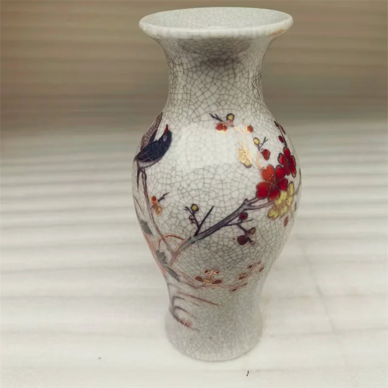 Traditional Chinese Crackled Glaze Porcelain Vase Pastel Flower & Bird Pattern Decorative Plum Vase for Home Artwork