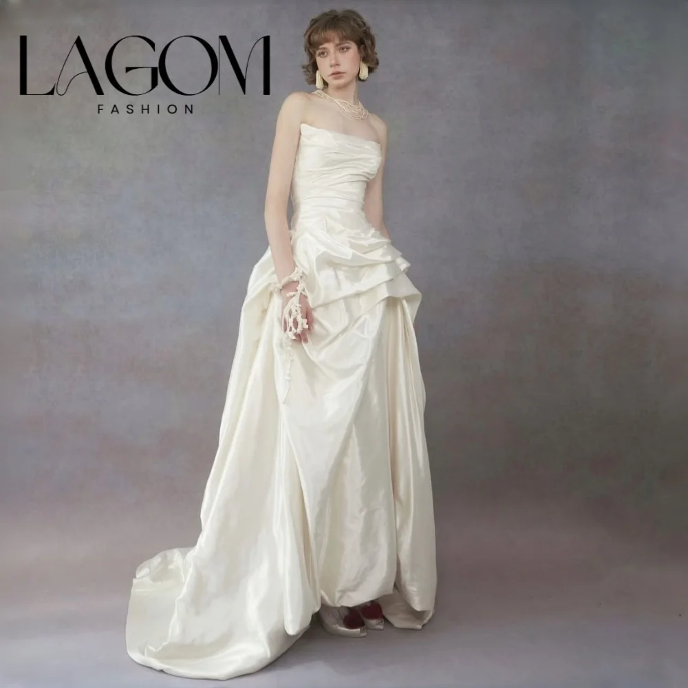 Lagom Modern Taffeta A-line Lace Wedding Dresses 2027 Lvory Strapless Bridal Gown Pleat Sleeveless vestido de novia Customized