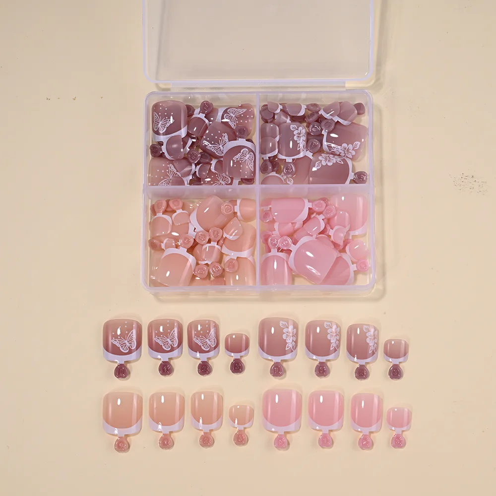 96 stks/doos Franse nep teennagels vlinder/bloem ontwerp korte vierkante druk op teennagel glanzende volledige dekking valse teennagelverlenging