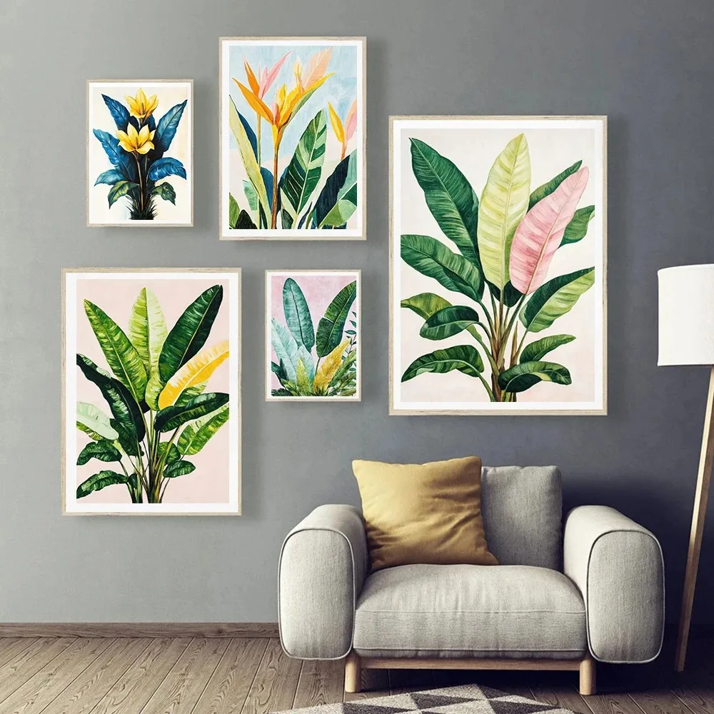 Tropical Plants Green Plants Golden Petals Aesthetic Posters Prints Modern Home Minimalist Style Decorative Art Canvas Painti
