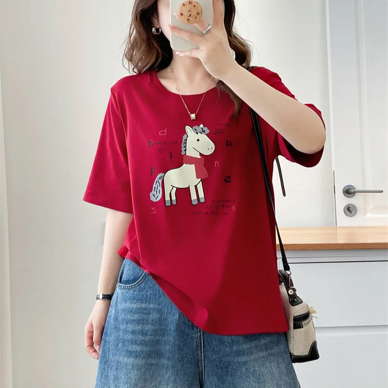 2026 Summer  Women's Short Sleeve T-Shirt Cartoon Print Letter Casual Crew NeckTops For Curvy Ladies