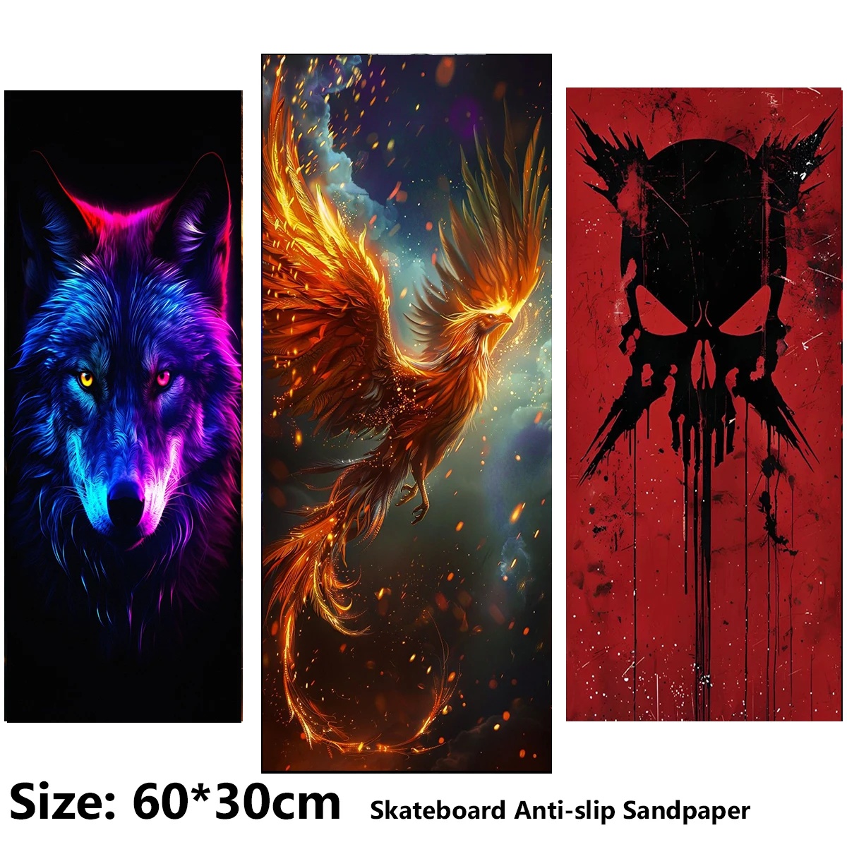 Electric Scooter Anti-slip Sticker Sandpaper Skateboard GripTape Sheet 60*30cm Rainbow Wolf and Golden Phoenix Pattern