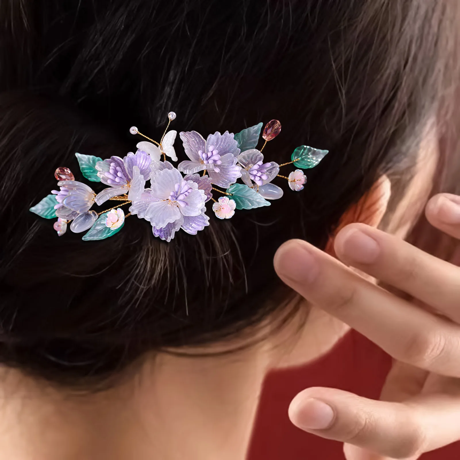 Luxury Hair Stick Chinese Bridal Tiaras Hair Jewelry Sets Purple Flower Fringe Hairpin Fairy Pearl Hair Clip Retro Prom Headwear