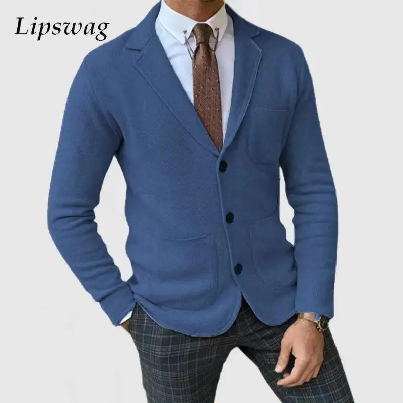 Office Business Casual Blazer Mens Jackets Woolen Coat Fall Long Sleeve Button Lapel Slim Jacket Vintage Style Men Outfits Coats