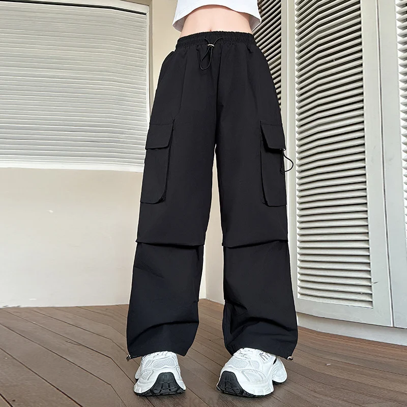 Child Summer Casual Black Cargo Pants With Pocket for Girls Y2K Streetwear Cargo Trousers Korean Kids Harajuku Solid Track Pants