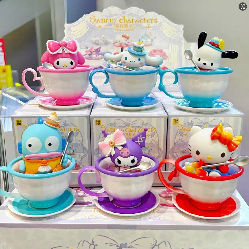 Sanrio-caja misteriosa de la serie Teacup Elf, bonita melodía Kuromi Hello Kitty, caja ciega, figuras, adorno de escritorio, juguetes de regalo de cumpleaños para niña