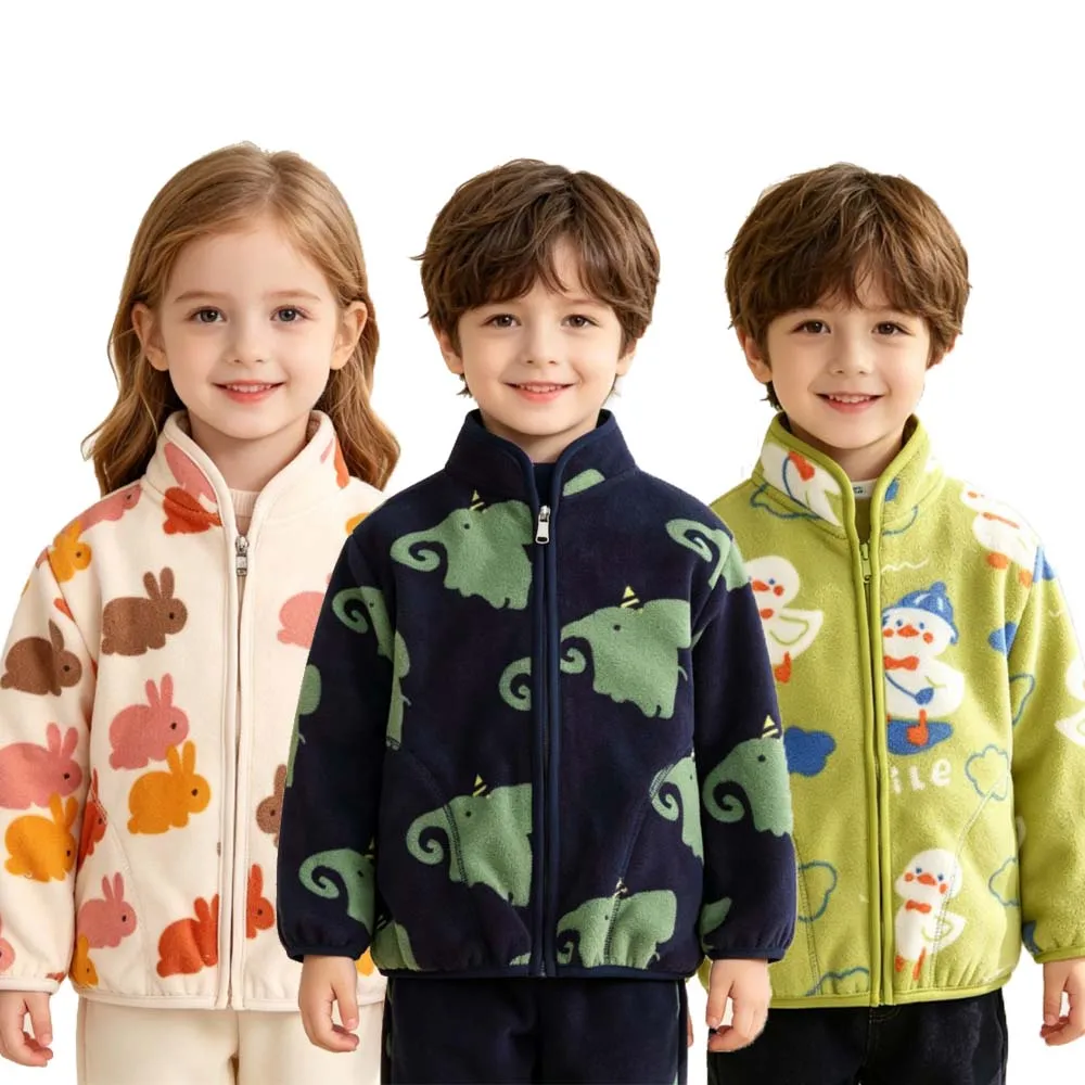 Toddler Warm Fleece Zip‑Up Jacket Multi Cartoon Pattern Stand Collar Kids Soft Cozy Outerwear For Boys Girls Autumn Winter