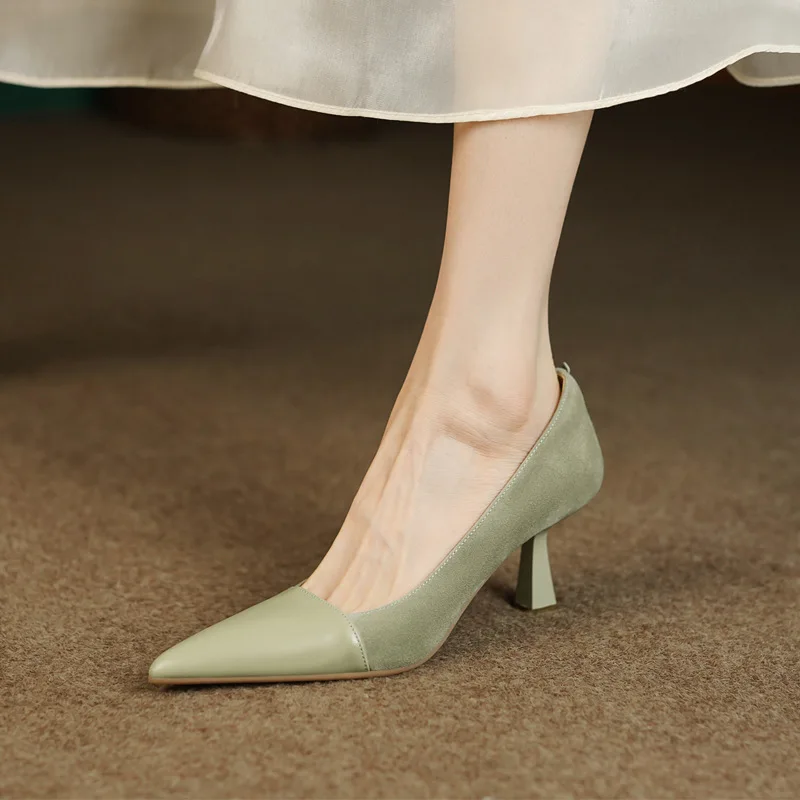 French Retro New 5cm High-heeled Women\'s shoes green Hollow Wedding Shoes Female Pointed Shallow Mouth Pumps Suede Heels Women