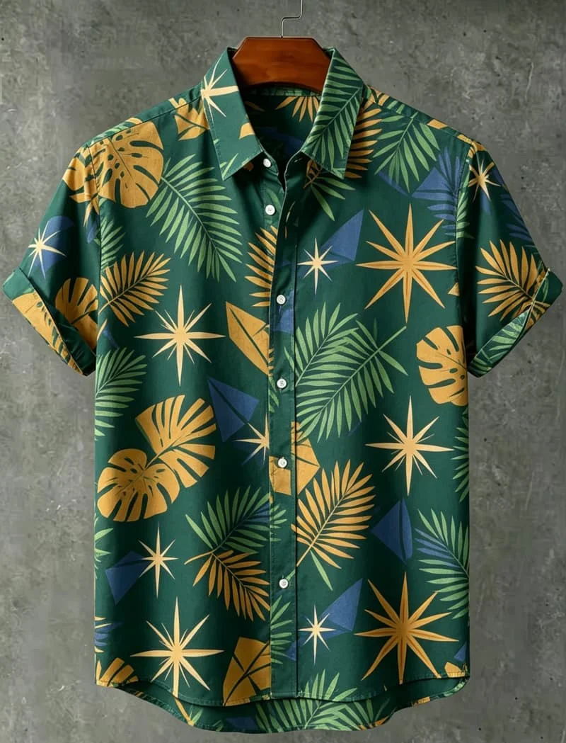 Men's Tropical and Geometric Themed Printed Short Sleeved Shirt Casual Top, with A Unique Vacation Charm for Daily Wear