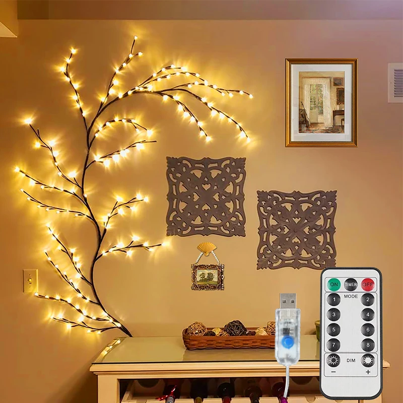 USB Willow Vine Lights 72/96 LED Tree Branch Lamp 8 Modes Artificial Plants Tree Branches Lights for Wall Living Room DIY Decor