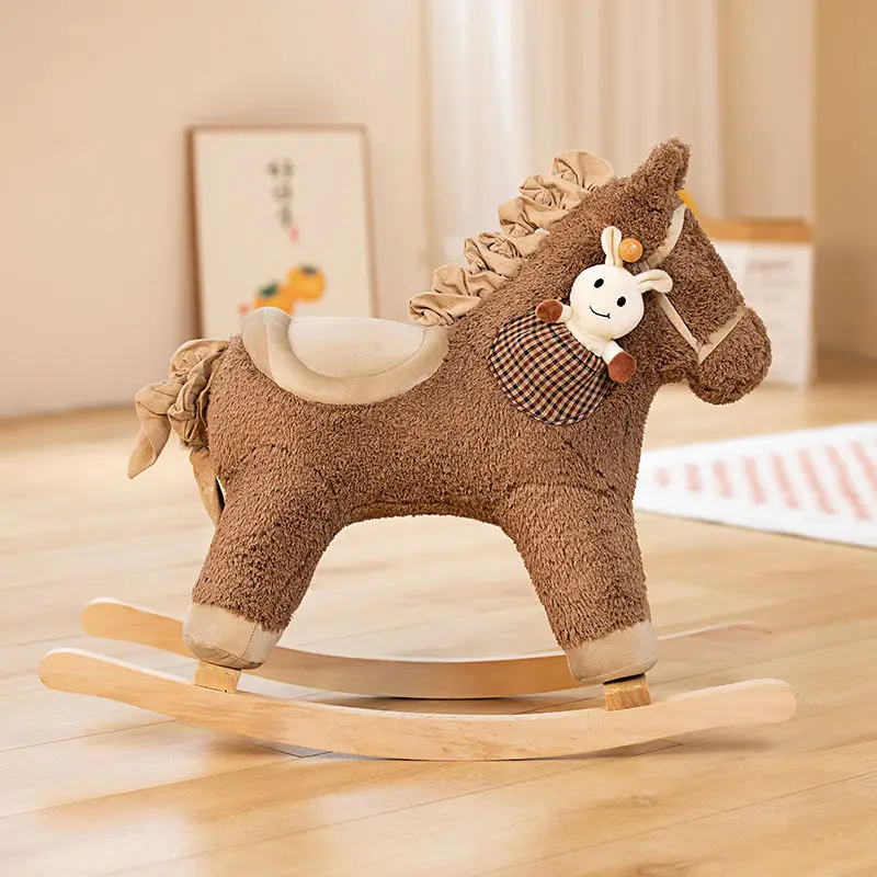 Children\'s Wooden Plush Pony Rocking Horse Soft Plush Stroller Music Balance Chair Baby Toy Kids Birthday Gif