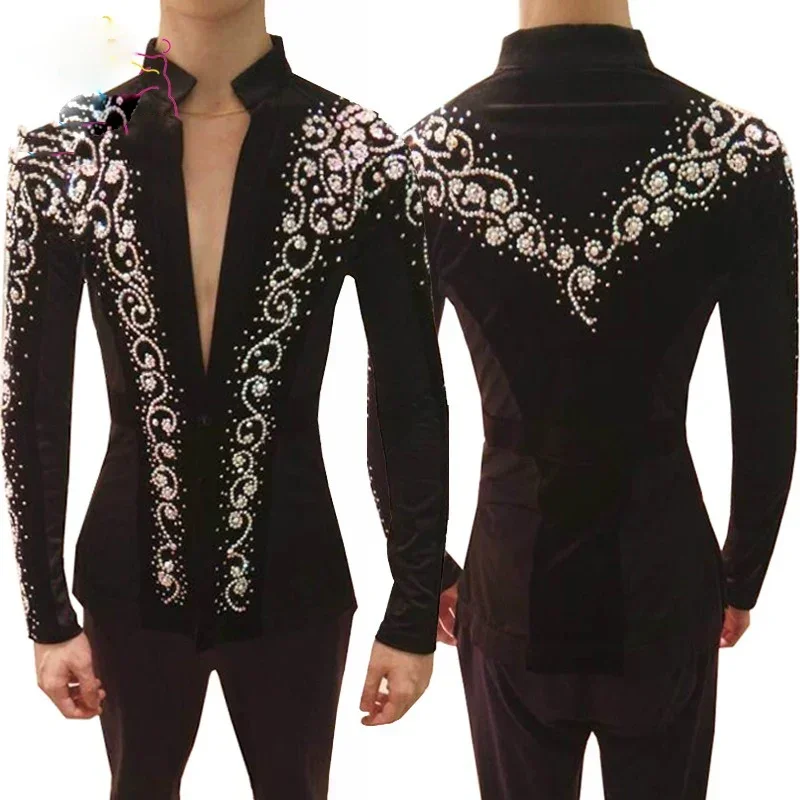 Męska koszula do tańca latynoamerykańskiego z dekoltem w serek, zdobiona dżetami, błyszcząca, na zawody, występy, do tańca towarzyskiego, tango, tańca nowoczesnego, odzież sceniczna DNV12054