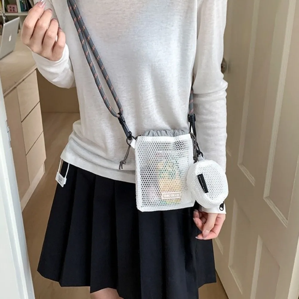 

Cute Drawstring Nylon Mesh Bag Korean Style With Purse Mesh Shoulder Bag Wallet Cosmetics Bag Phone Bag Women