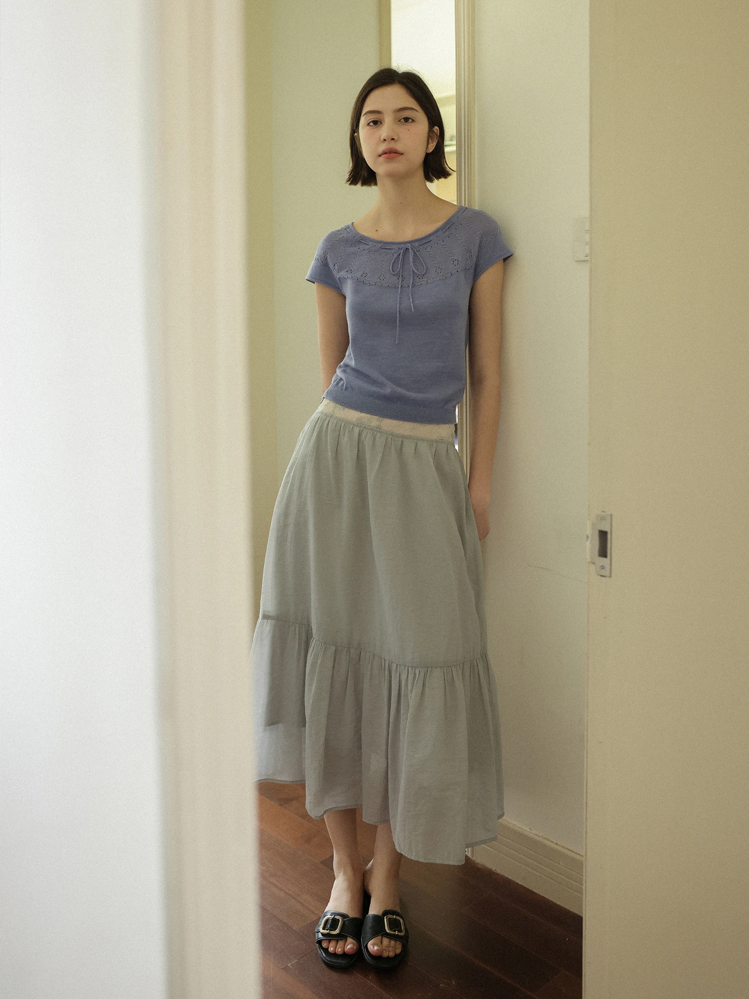 LLANO Semi-Body Skirt Mid-Length Patchwork Lace Vacation Women's Cotton Blend A-Line Skirt Mid-Waist Design Summer Fashion