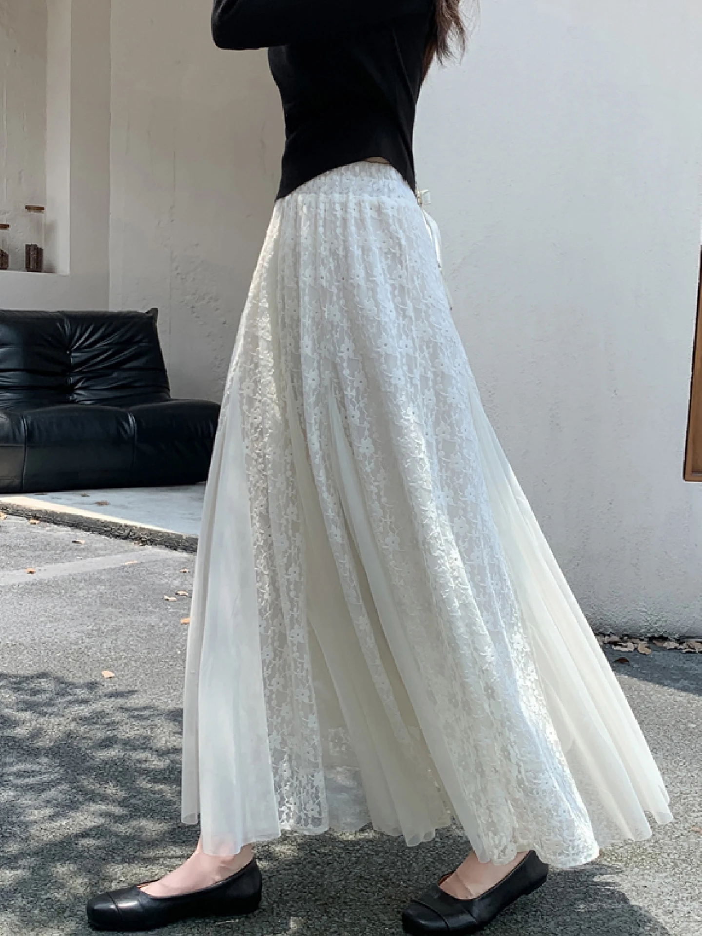 

Ele Long A-Line Skirt with Embroidered Lace Design like a Cake f Skirt for Women Comfortable Soft Korean Sle Commute