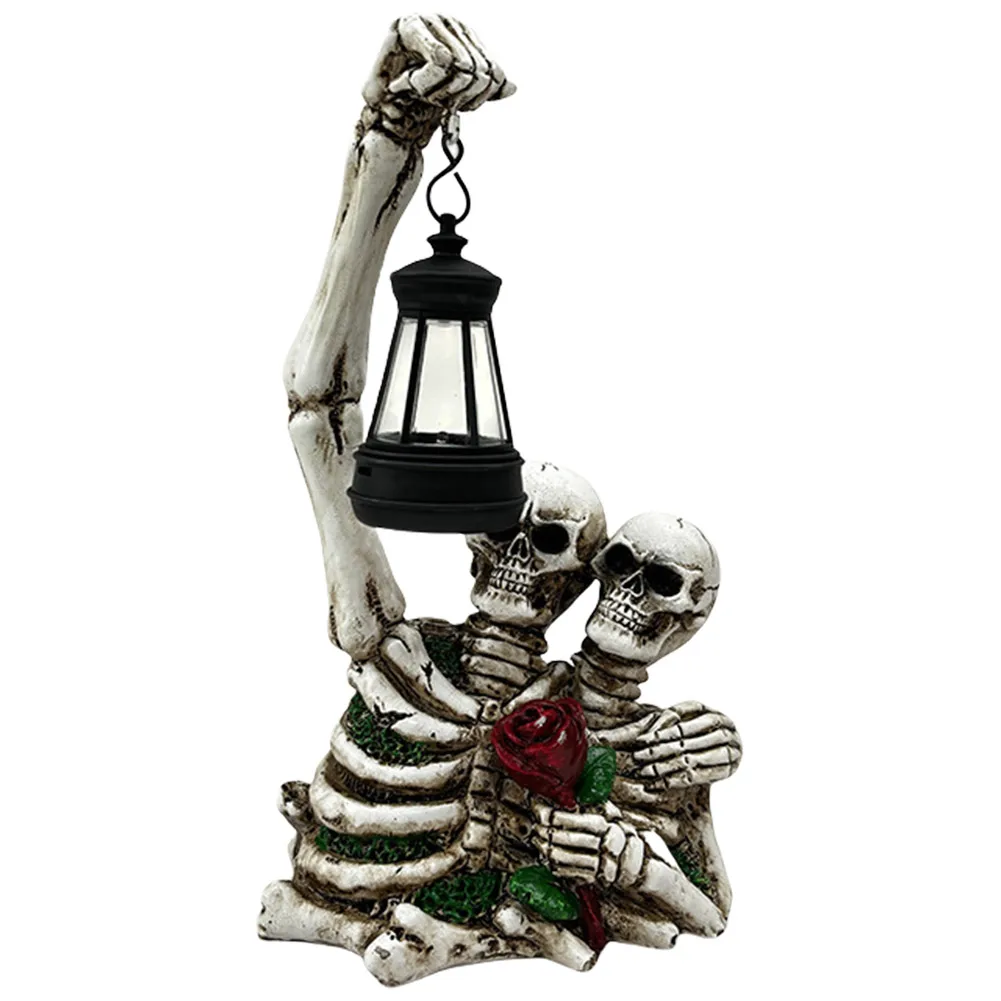Halloween Solar Death Skull Figurine with Lantern Scary Skull Ornament Waterproof Rose Skeleton Sculpture Halloween Decoration