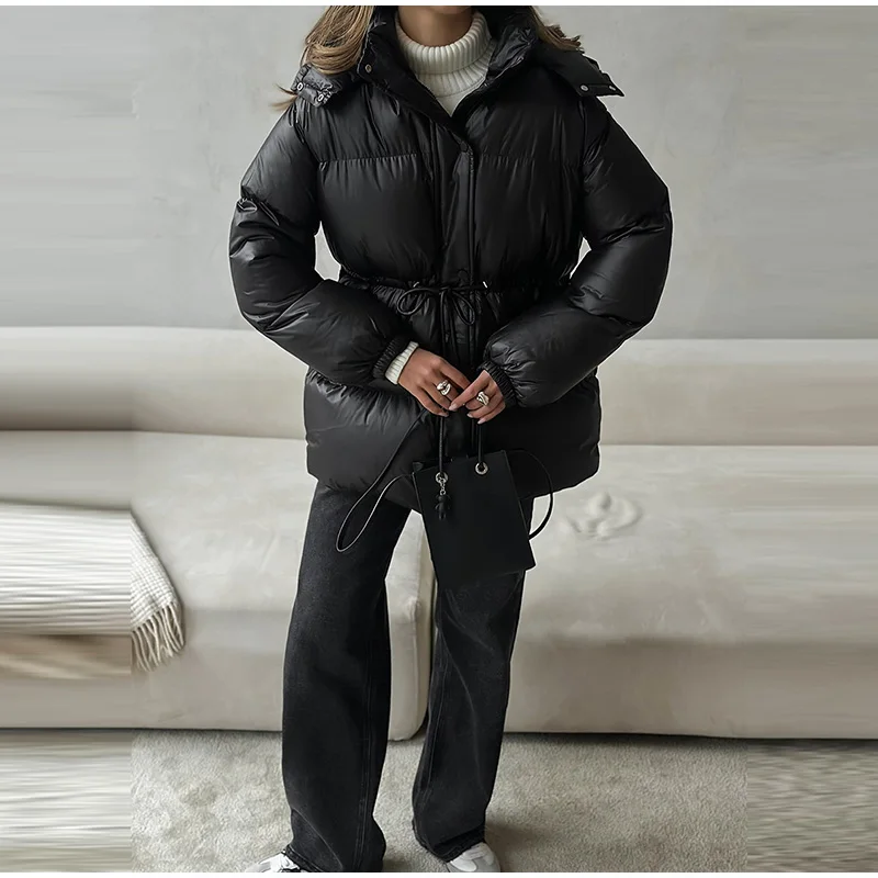  Fashion Solid Cropped Padded Coats Women Detachable Hood Zip Drawstring Hem Warm Jacket 2026 Winter New Lady Casual Outerwear