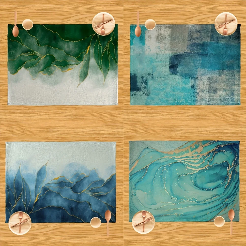 4pc Summer Style Teal Blue Rustic Marble Oil Painting Placemats, Home Kitchen Dining Tabletop Protection, Holiday And Room Decor