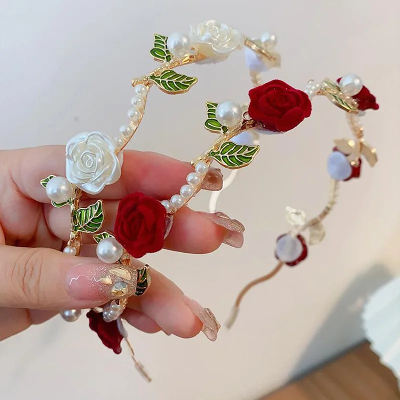 Elegant Velvet Rose Headband Hair Accessories Headdress Girls Vintage Metal Flower Pearl Red White Rose Tiara Hairbands