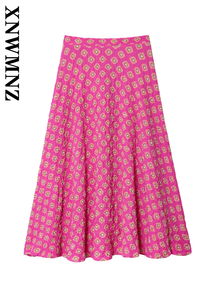 

XNWMNZ 2025 Summer New Women Clothing Bohemian Chic Print midi A-lineskirt Holiday Fashion Lady Casual