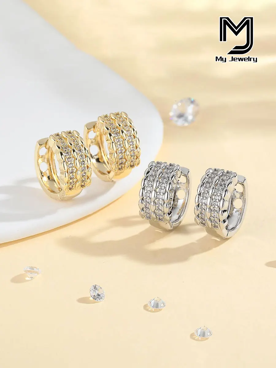 Fashionable Women's Light Luxury Double-Row Exquisite Zircon Copper Earrings, 14K Gold-Plated, High-End Feel, Gift for Girls, Party, Simple Luxury, Platinum-Plated, Gift for Girlfriend, Daily Wear