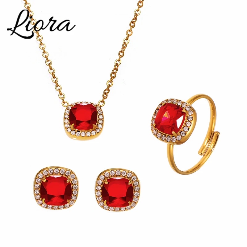 Liora Beautiful Zircon Luck Clover Pendant Stainless Steel Chain Necklace Bracelet for Women Charm Wedding Banquet Jewelry Gifts