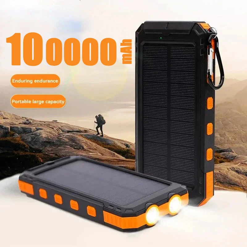 

100000mAh Large Capacity Solar Power Bank Fast Charging Portable With Lanyard Compass External Battery Outdoor Camping