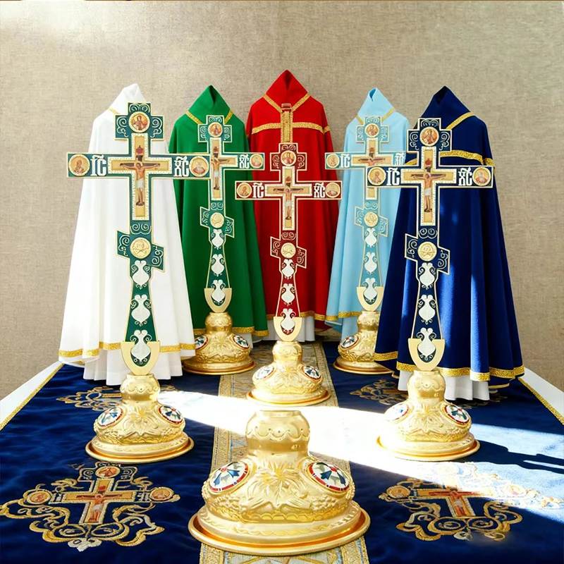 Neues Orthodoxes Kruzifix, vergoldetes Standkreuz mit religiösen Porträts, christliche Altardekoration für Zuhause, orthodoxes Geschenk – Detail 8