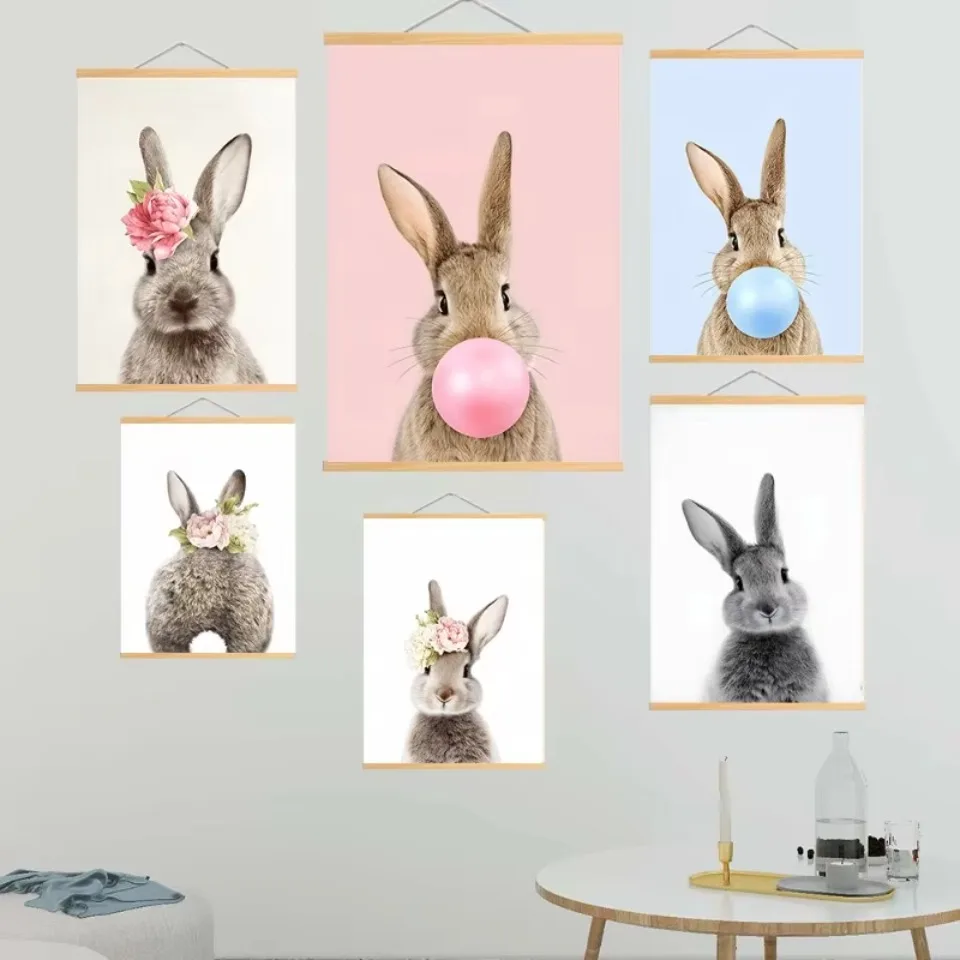 Rabbit Bubble Gum Art Poster Prints Blue Pink Nursery Wood Hanger Canvas Paintings Wall Picture Baby Animal Bunny Nursery Decor